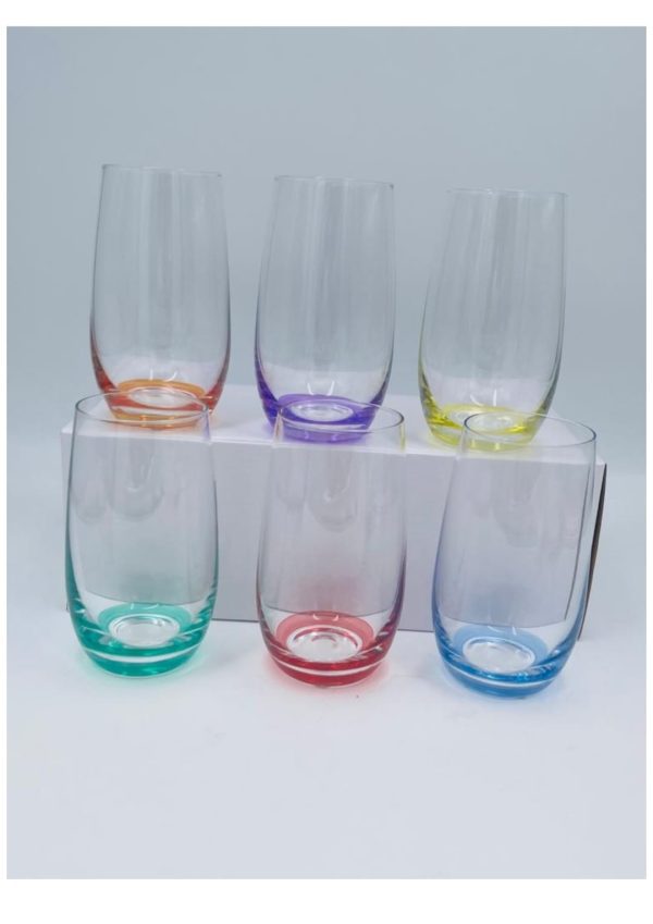 סט 6 כוס זכוכית - תחתית צבעונית 400 מ"ל