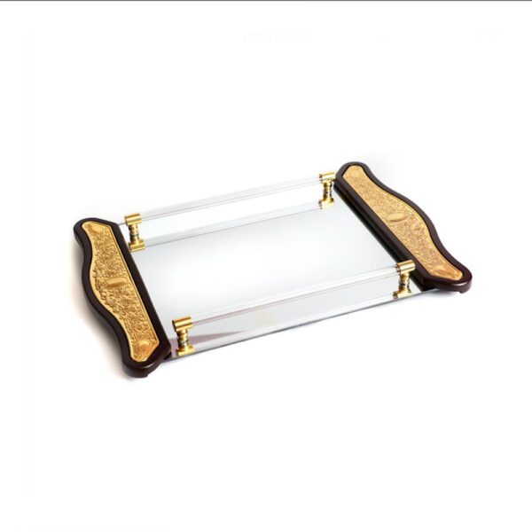 מגש חלה - זכוכית מלבני עם עץ וידיות זהב 48X33