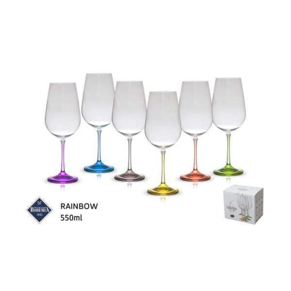 סט 6 כוס יין 550 מ"ל - זכוכית רגל צבעונית דגם RAINBOW קריסטל בוהמיה