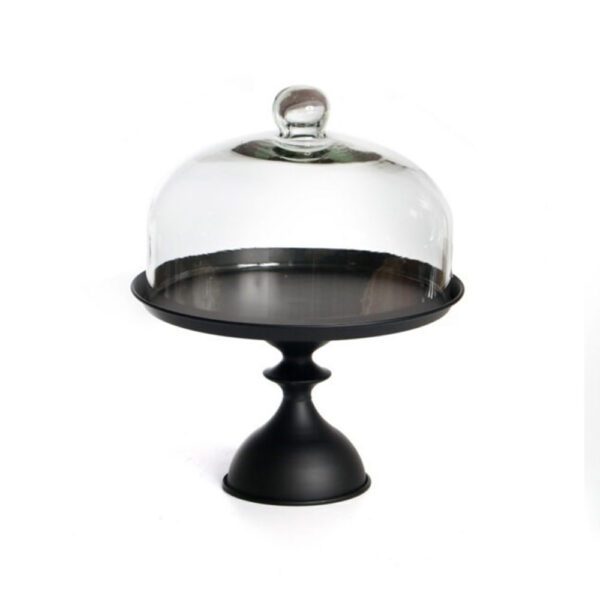 בית עוגה על רגל עגול מתכת שחור מט + פעמון זכוכית 28*22 ס"מ