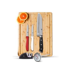 סט 6 חלקים - קרש חיתוך + סכין סנטוקו + 2 סכיני ירקות + משחיז + מדחום לבשר