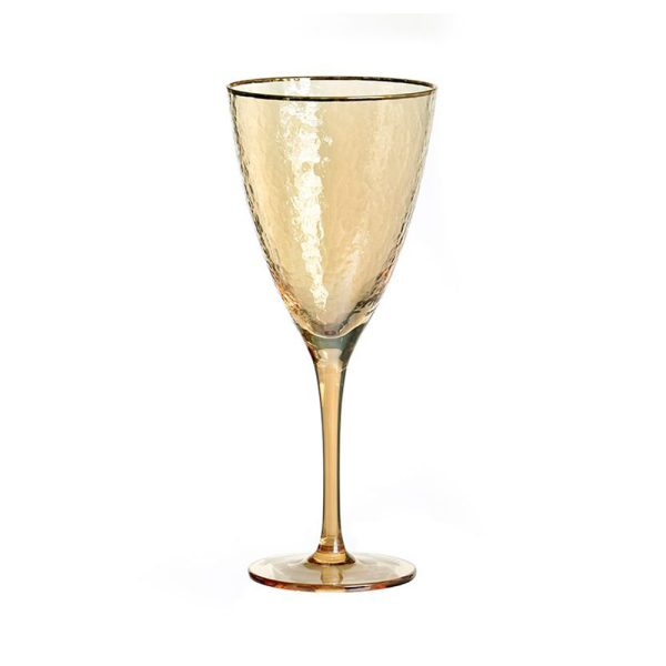 סט 6 כוס יין - זכוכית ענבר רקועה עיטור זהב 400 מ"ל