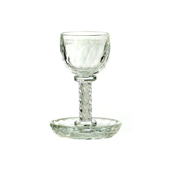כוס קידוש - זכוכית שקופה רגל רסיסי כסף 'בורא פרי הגפן'