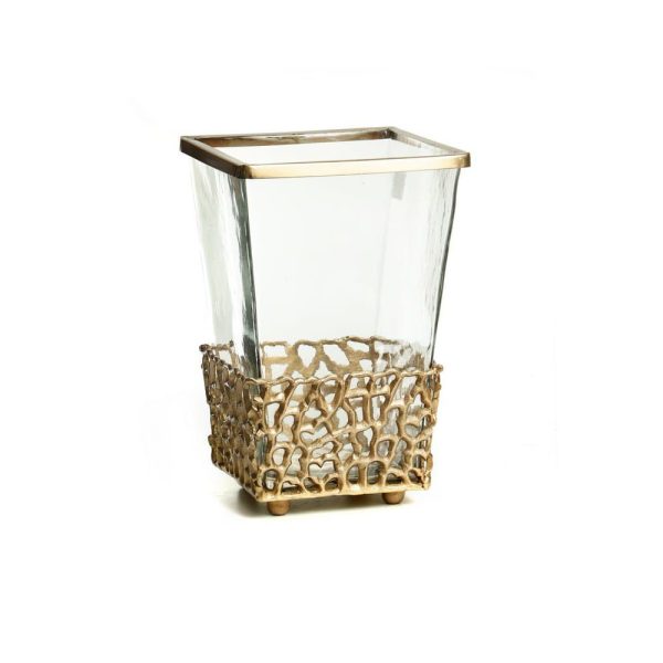 פח אשפה - זכוכית מתכת מסגרת זהב 18 ס"מ גובה 25 ס"מ