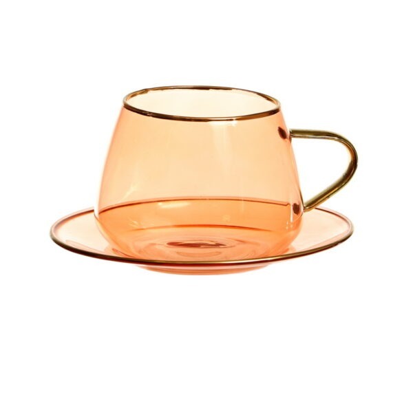 סט 6 כוס תה - זכוכית כתומה + תחתית עיטור זהב 280 מ"ל