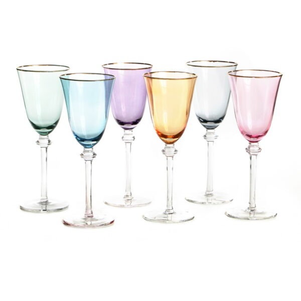 סט 6 גביעי יין זכוכית - 6 צבעים צבעוניים פס זהב 250 מ”ל