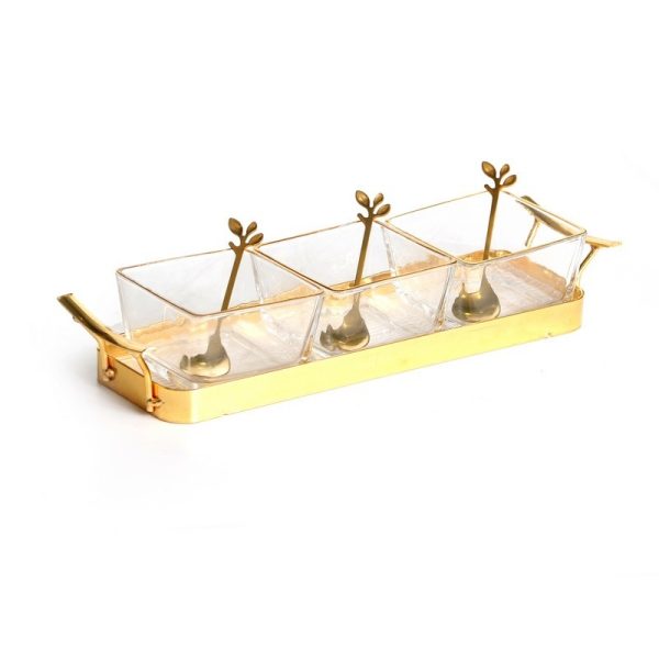 סט 3 קעריות הגשה – זכוכית מרובעות פס זהב ומתקן מתכת זהב + כפיות