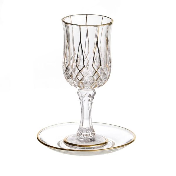 כוס קידוש - זכוכית מעויינים משולבת פסי זהב 150 מ"ל + תחתית
