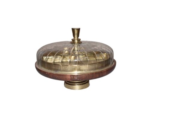 מגש עגול מחולק - על רגל מתכת זהב פעמון זכוכית פסים בסיס עץ 32X23 ס"מ